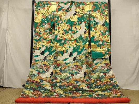 Iro-Uchikake Wedding Kimono Karaori Silk Cranes Waves Gold Thread