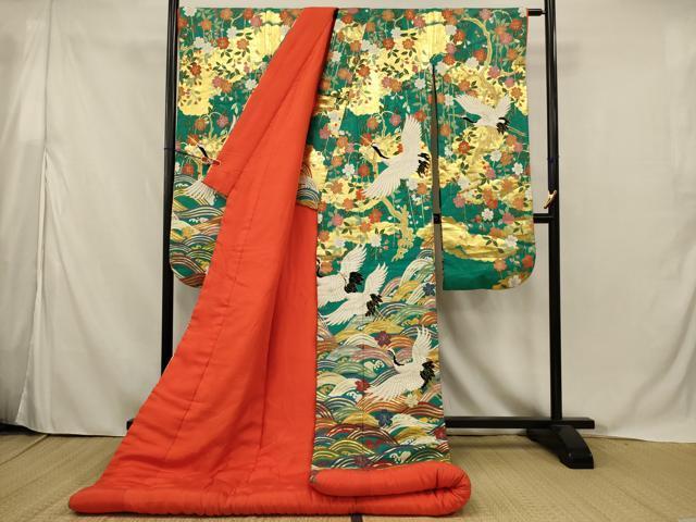Iro-Uchikake Wedding Kimono Karaori Silk Cranes Waves Gold Thread