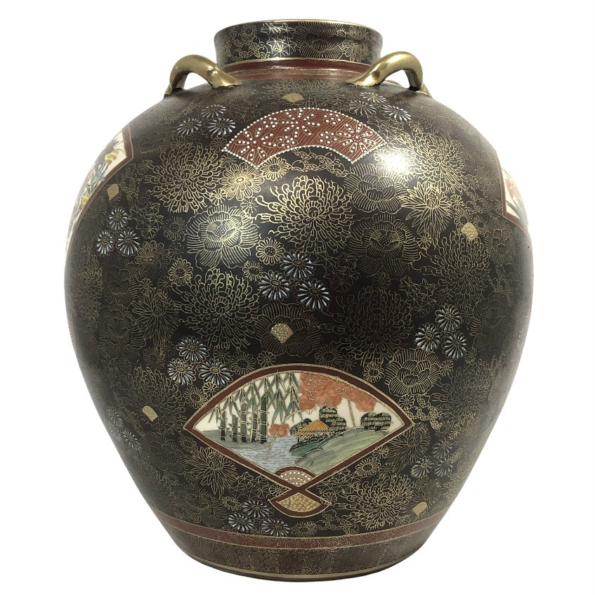 Kutani Renzan Kinrande Large Vase with Fan Window Landscape, Gold Enamel, 33 cm