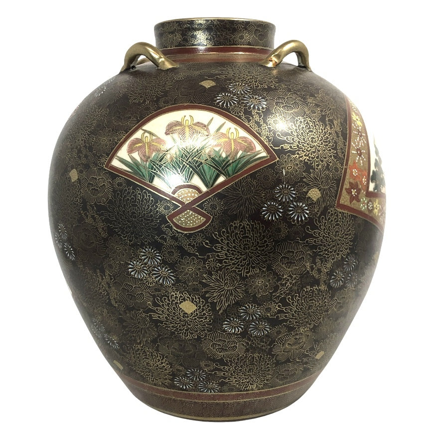 Kutani Renzan Kinrande Large Vase with Fan Window Landscape, Gold Enamel, 33 cm
