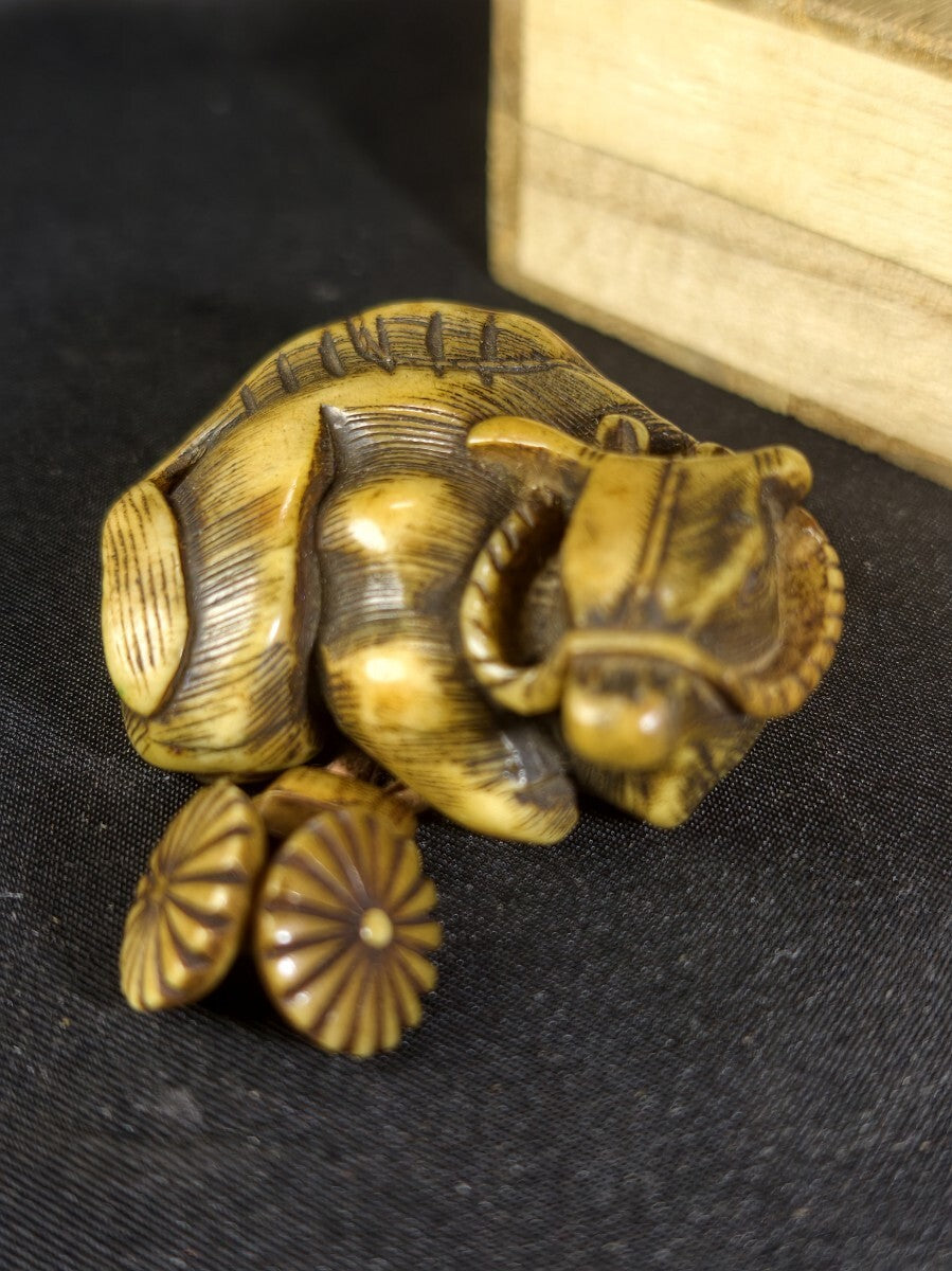 Edo-Period Netsuke Water Buffalo Motif Hand-Carved Natural Material Antique