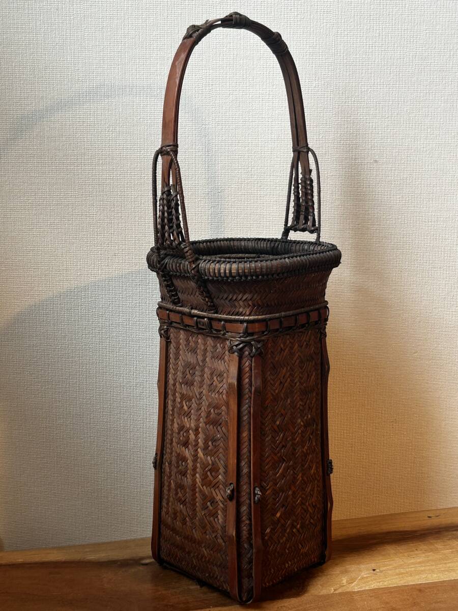 Antique Japanese Bamboo Flower Basket Hanakago with Handle, Height 38.5 cm