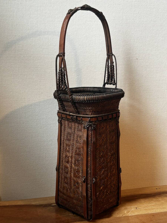 Antique Japanese Bamboo Flower Basket Hanakago with Handle, Height 38.5 cm