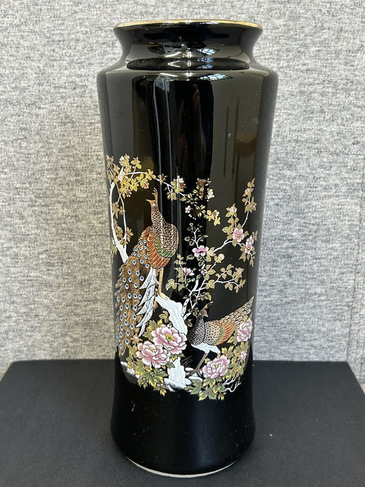 Kutani Ware Peacock Vase Black and Gold Flower Vessel Height 27 cm