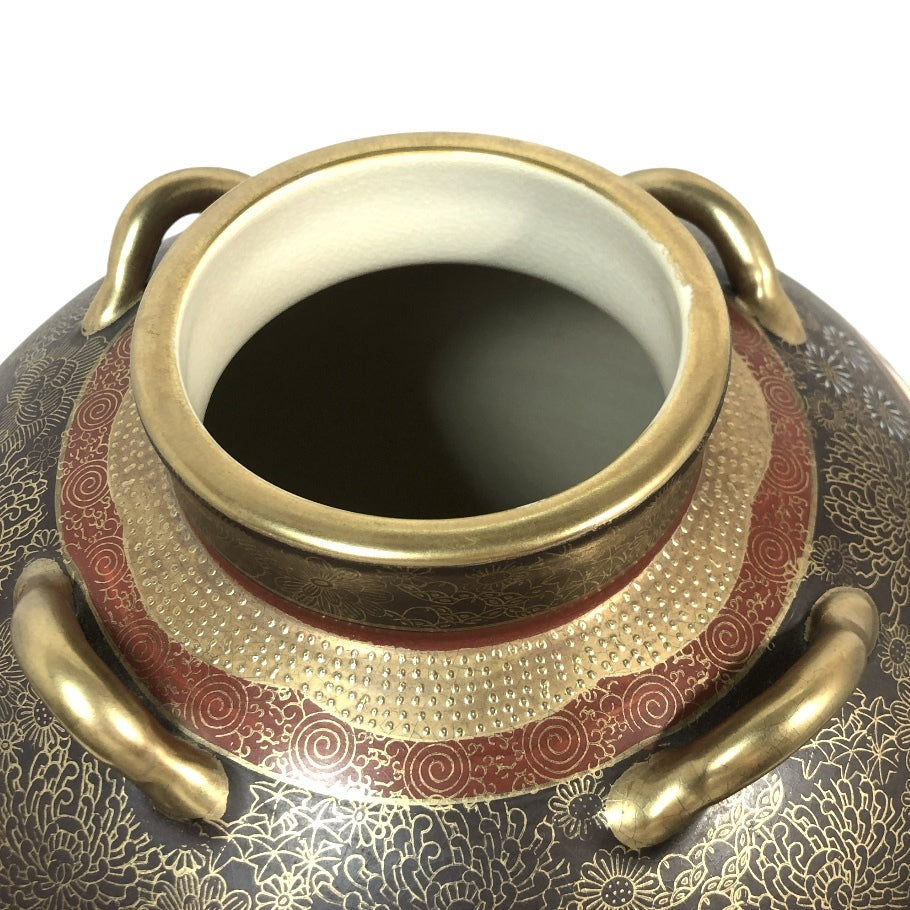 Kutani Renzan Kinrande Large Vase with Fan Window Landscape, Gold Enamel, 33 cm