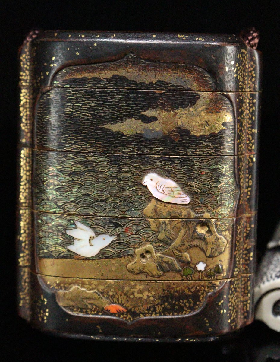 Edo Period Somada Inro with Gold Maki-e Landscape Bird Flower Raden Cicada Netsuke