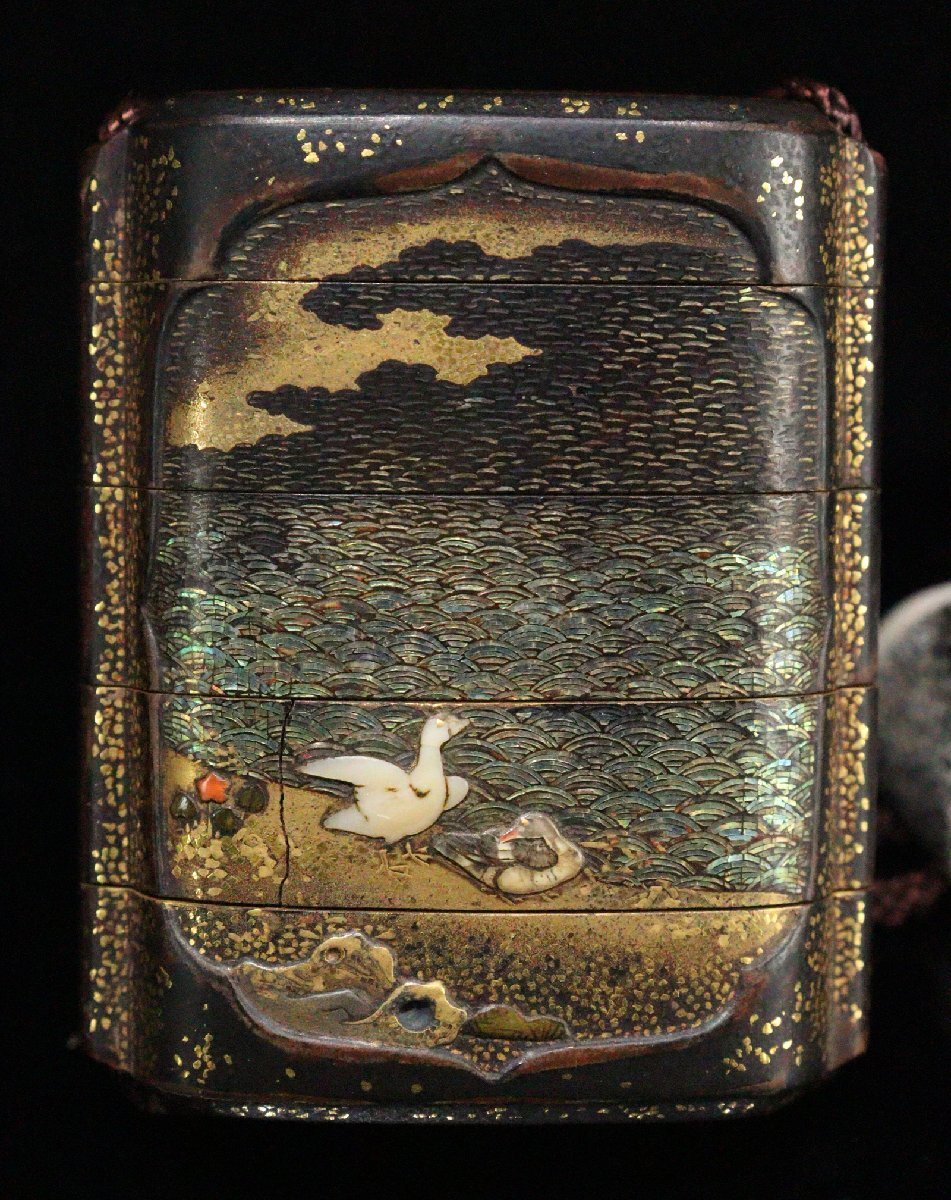 Edo Period Somada Inro with Gold Maki-e Landscape Bird Flower Raden Cicada Netsuke