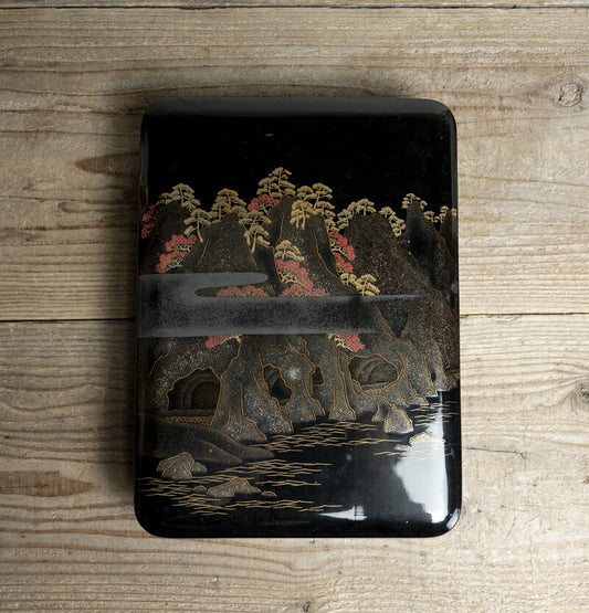 Meiji Maki-e Lacquer Suzuribako Writing Box, Ao-no-Domon Scene, Hirose Tanso Poem