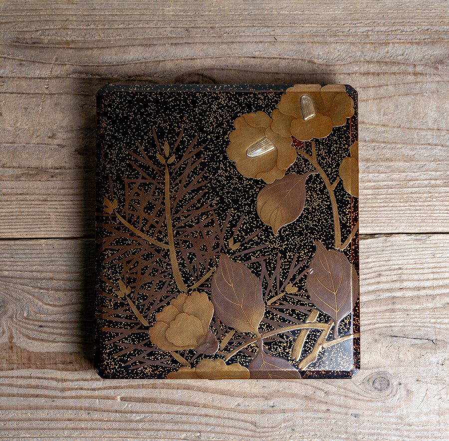 Kyoto Lacquer Gold Maki-e Camellia Suzuribako Writing Box with Silver Water Dropper