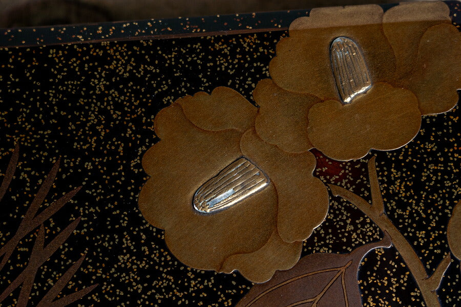 Kyoto Lacquer Gold Maki-e Camellia Suzuribako Writing Box with Silver Water Dropper