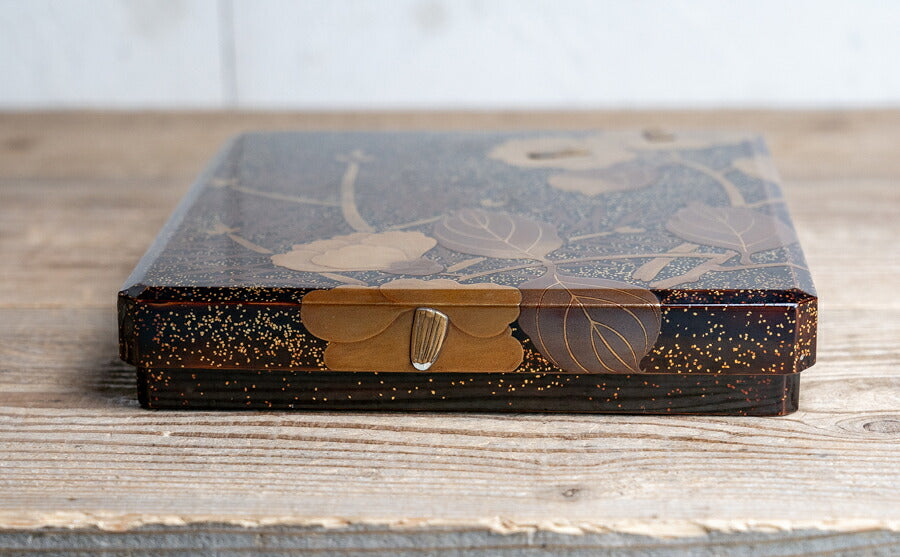 Kyoto Lacquer Gold Maki-e Camellia Suzuribako Writing Box with Silver Water Dropper