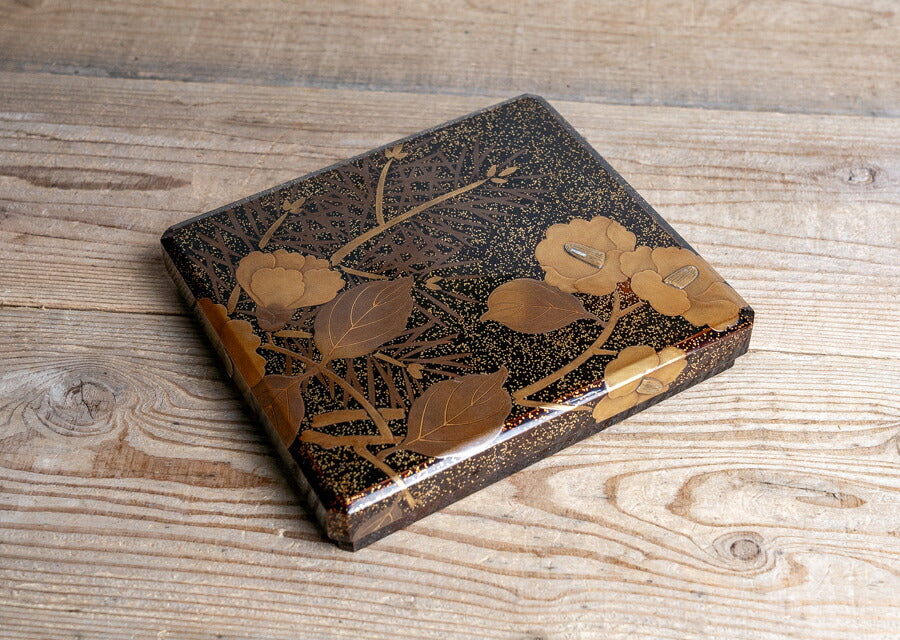 Kyoto Lacquer Gold Maki-e Camellia Suzuribako Writing Box with Silver Water Dropper