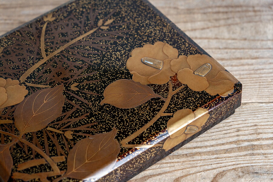 Kyoto Lacquer Gold Maki-e Camellia Suzuribako Writing Box with Silver Water Dropper