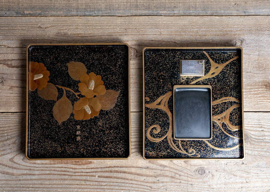 Kyoto Lacquer Gold Maki-e Camellia Suzuribako Writing Box with Silver Water Dropper