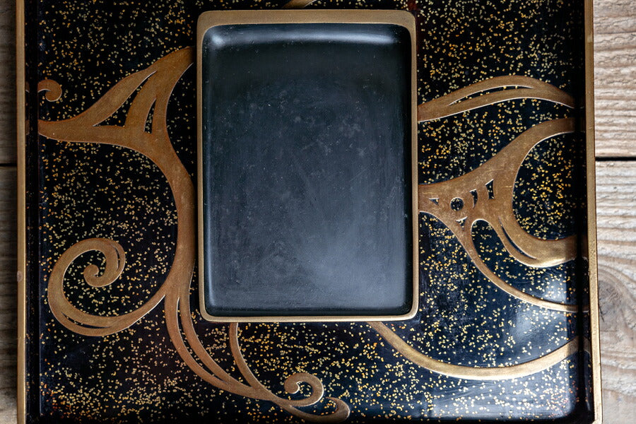 Kyoto Lacquer Gold Maki-e Camellia Suzuribako Writing Box with Silver Water Dropper