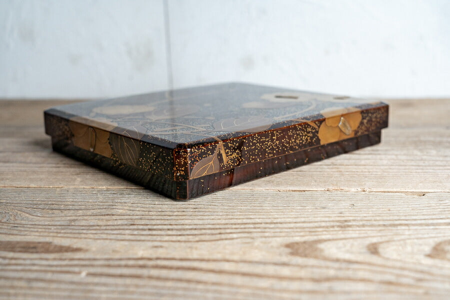 Kyoto Lacquer Gold Maki-e Camellia Suzuribako Writing Box with Silver Water Dropper