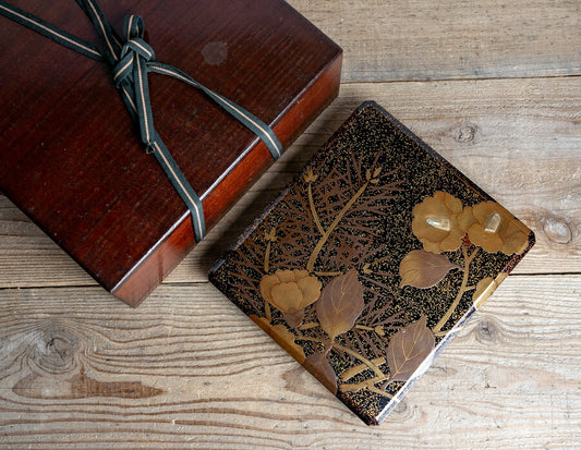 Kyoto Lacquer Gold Maki-e Camellia Suzuribako Writing Box with Silver Water Dropper