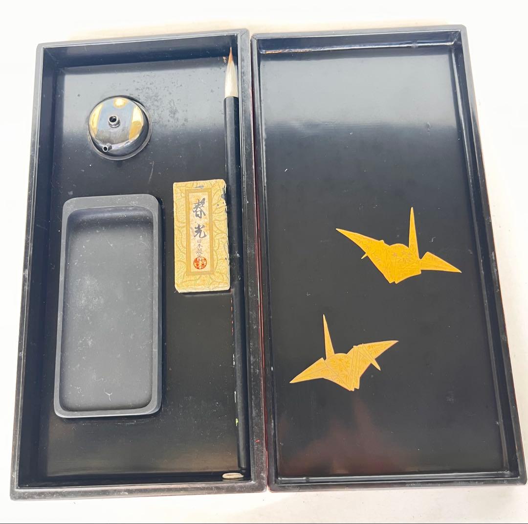Heian Zohiko Lacquer Suzuribako Writing Box, Raden Kotobuki, Crane Maki-e Set