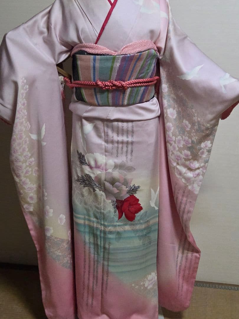 French Artist Silk Furisode Kimono with Red Floral and White Gull Design