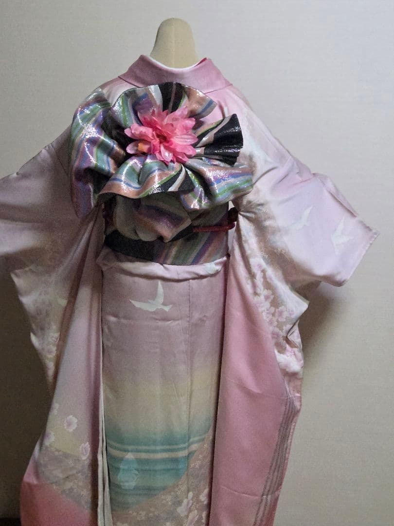 French Artist Silk Furisode Kimono with Red Floral and White Gull Design