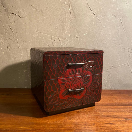 Showa Retro Kamakura-bori Carved Wood Two-Drawer Small Chest Sewing Box