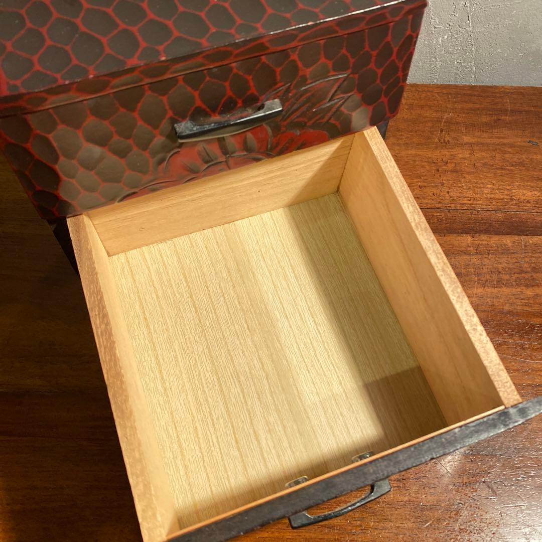 Showa Retro Kamakura-bori Carved Wood Two-Drawer Small Chest Sewing Box