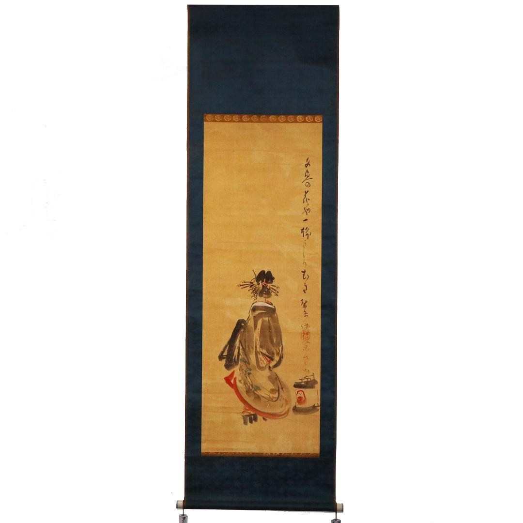 Kubota Beisen Hand-Painted Hanging Scroll Yugao Painting on Paper with Tomobako