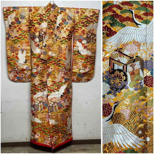 Iro-Uchikake Wedding Kimono with All-Over Crane and Floral Embroidery