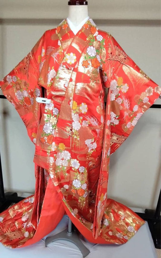 Iro-Uchikake Silk Wedding Kimono with Weeping Cherry Blossom Design, Orange Red