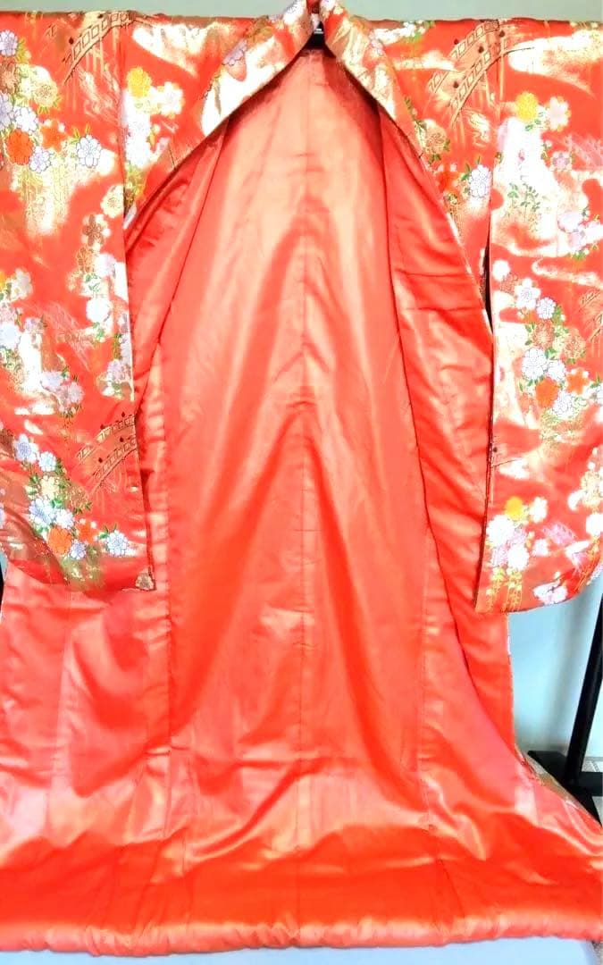 Iro-Uchikake Silk Wedding Kimono with Weeping Cherry Blossom Design, Orange Red