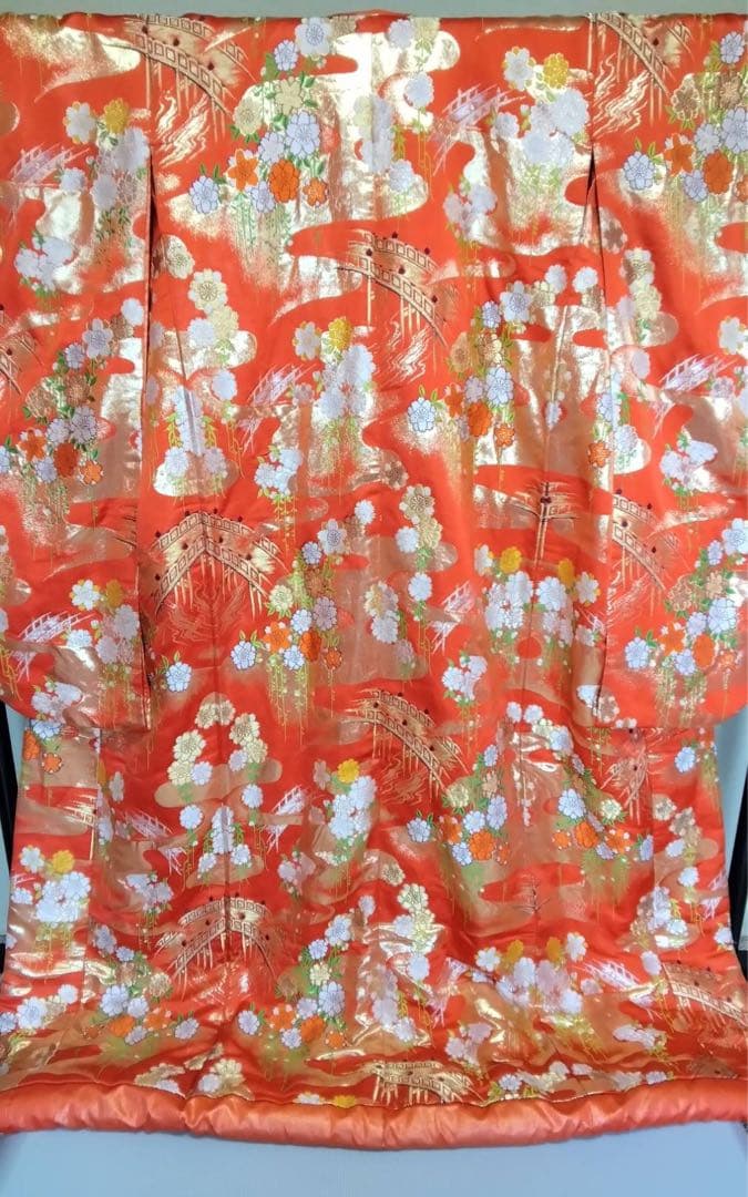 Iro-Uchikake Silk Wedding Kimono with Weeping Cherry Blossom Design, Orange Red