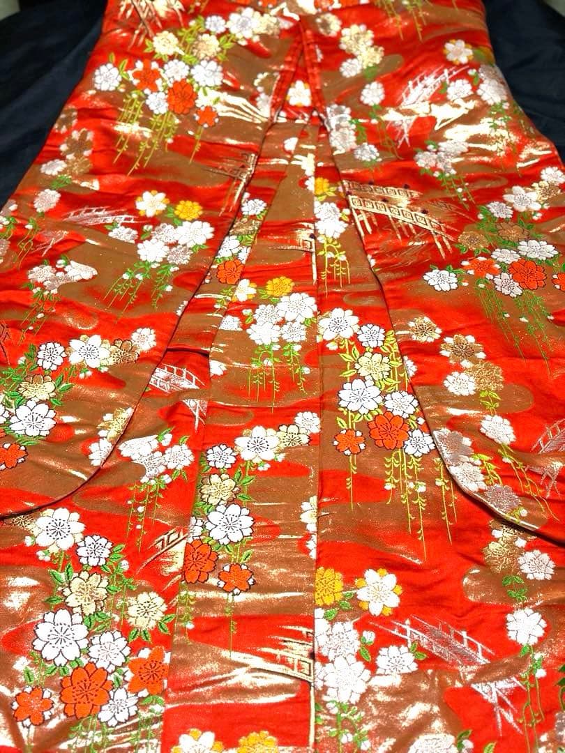 Iro-Uchikake Silk Wedding Kimono with Weeping Cherry Blossom Design, Orange Red