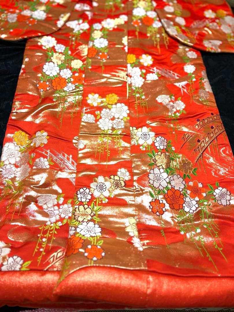 Iro-Uchikake Silk Wedding Kimono with Weeping Cherry Blossom Design, Orange Red