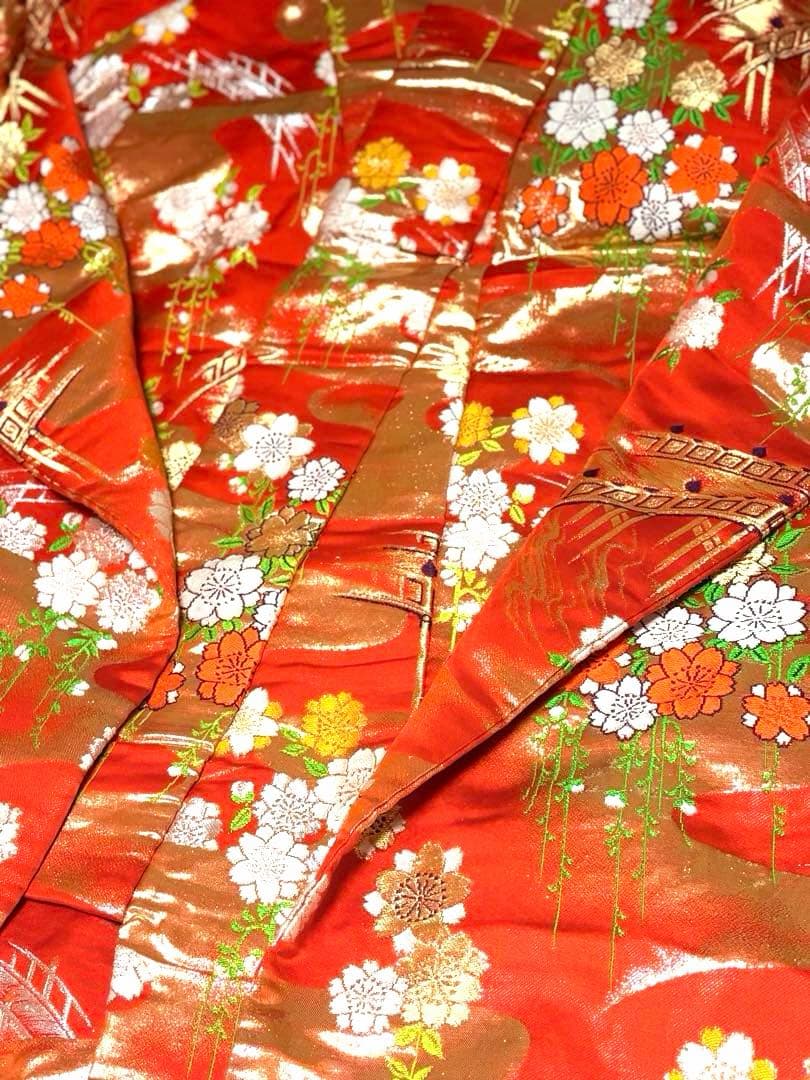Iro-Uchikake Silk Wedding Kimono with Weeping Cherry Blossom Design, Orange Red