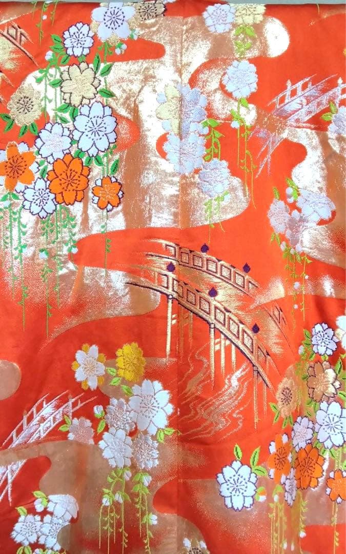 Iro-Uchikake Silk Wedding Kimono with Weeping Cherry Blossom Design, Orange Red