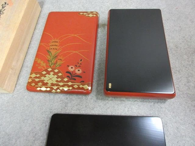 Kuwahara Document Box, Inkstone Box, Case Set of 3 Ouchi-nuri Lacquer Maki-e