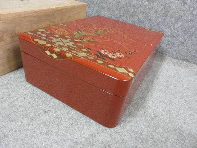 Kuwahara Document Box, Inkstone Box, Case Set of 3 Ouchi-nuri Lacquer Maki-e