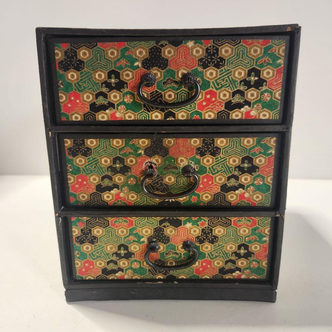 Showa Retro Chiyogami Small Wooden Chest of Drawers Three-Tier Storage Box