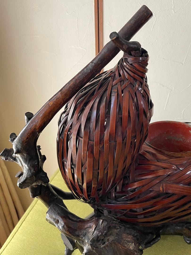 Japanese Bamboo Gourd-Shaped Flower Basket with Wooden Base and Water Insert 43 cm