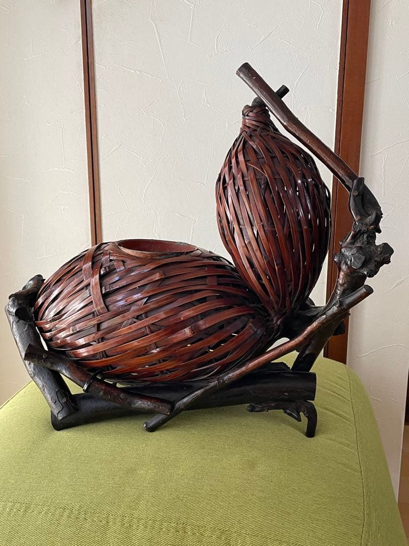 Japanese Bamboo Gourd-Shaped Flower Basket with Wooden Base and Water Insert 43 cm