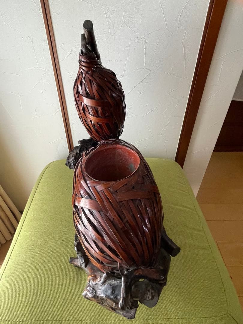 Japanese Bamboo Gourd-Shaped Flower Basket with Wooden Base and Water Insert 43 cm