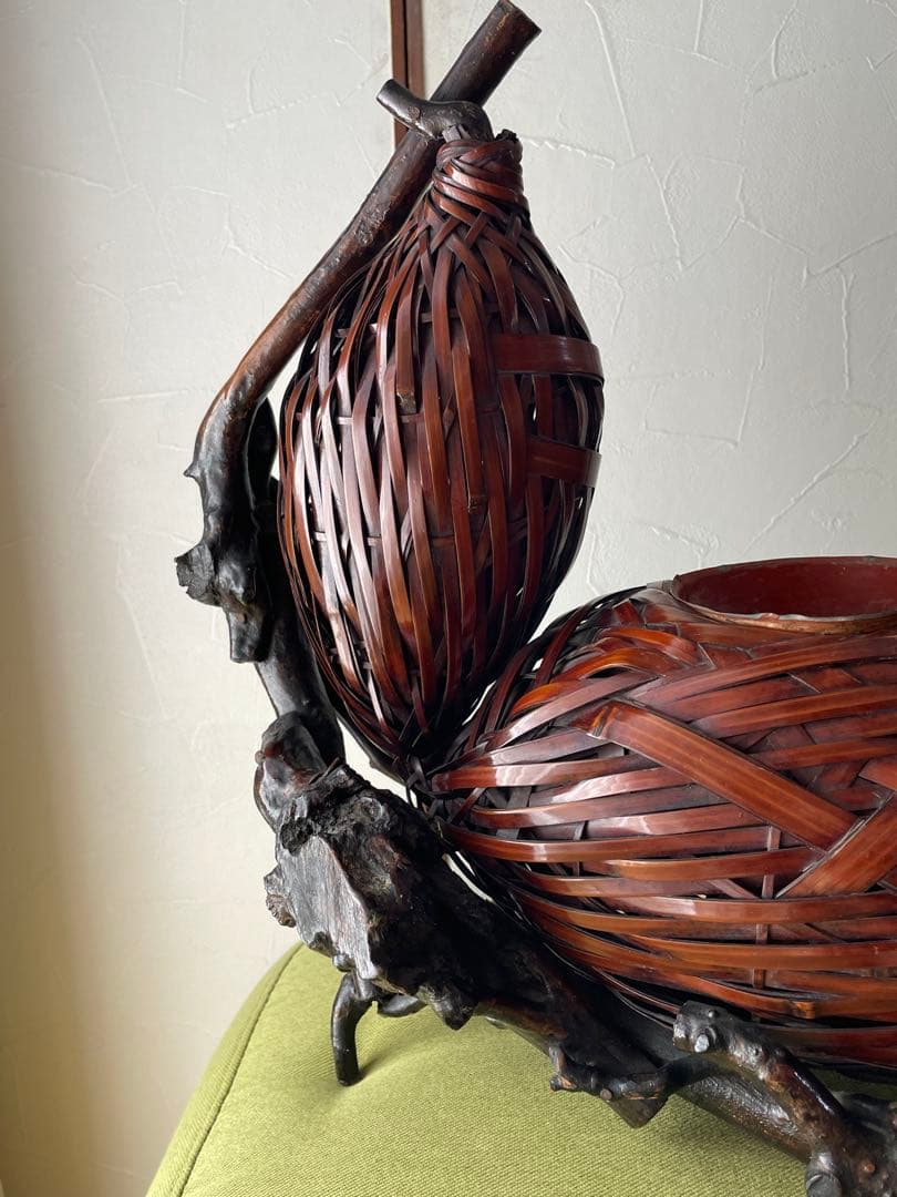 Japanese Bamboo Gourd-Shaped Flower Basket with Wooden Base and Water Insert 43 cm