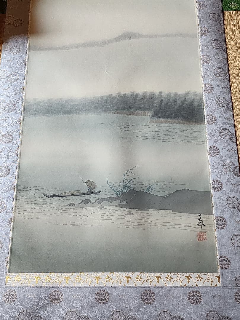 Omori Gyokusui Hanging Scroll Colored Landscape Sansui Silk with Signed Tomobako Shaku-go