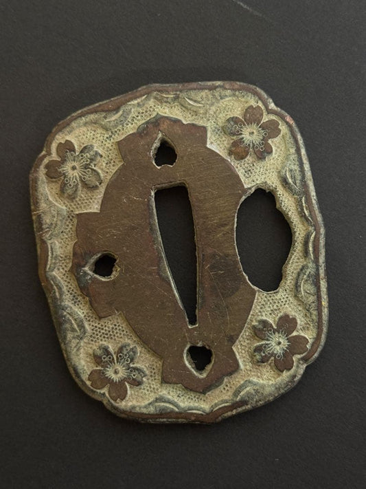 Antique Japanese Sword Tsuba Guard with Sakura Cherry Blossom Motif