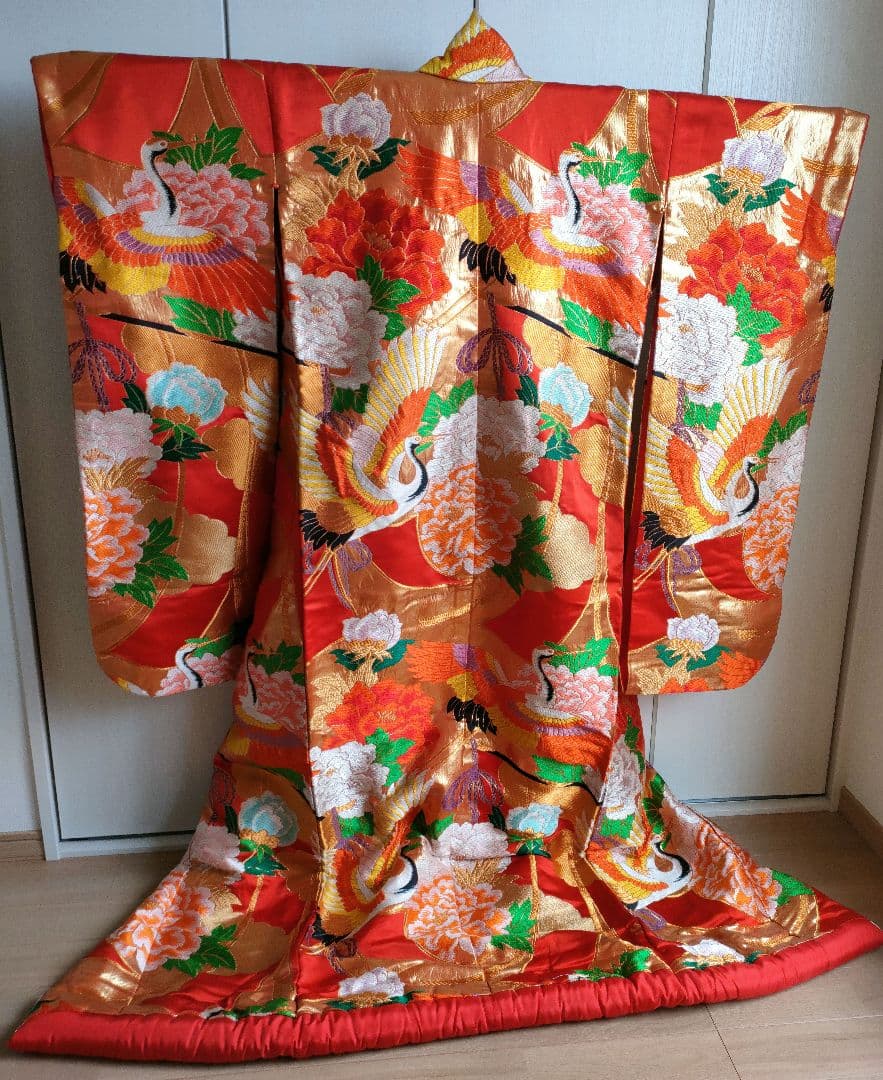Silk Iro-Uchikake Wedding Kimono with Crane and Floral Embroidery in Red