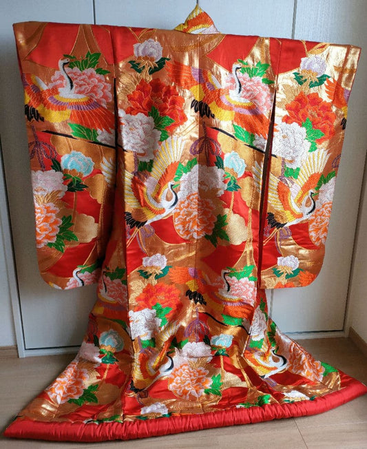 Silk Iro-Uchikake Wedding Kimono with Crane and Floral Embroidery in Red