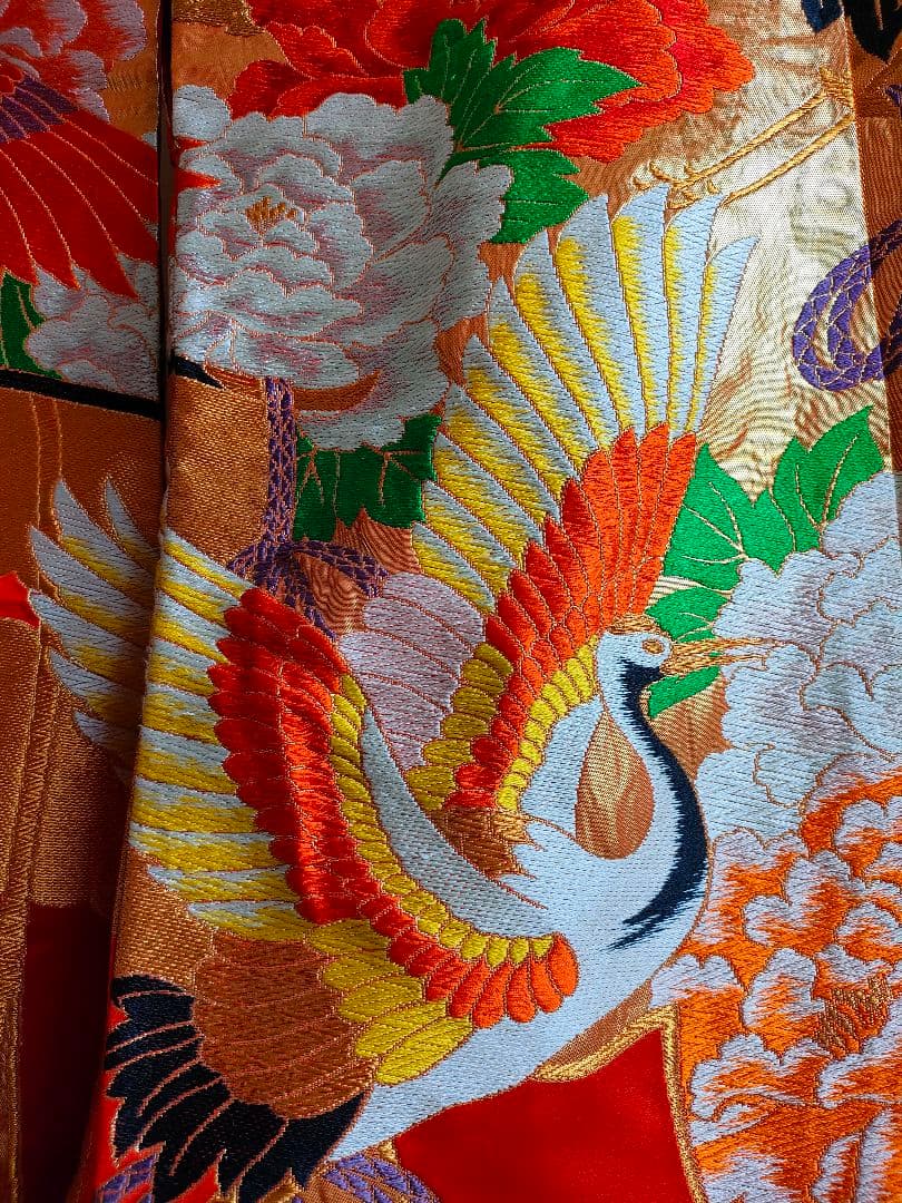 Silk Iro-Uchikake Wedding Kimono with Crane and Floral Embroidery in Red