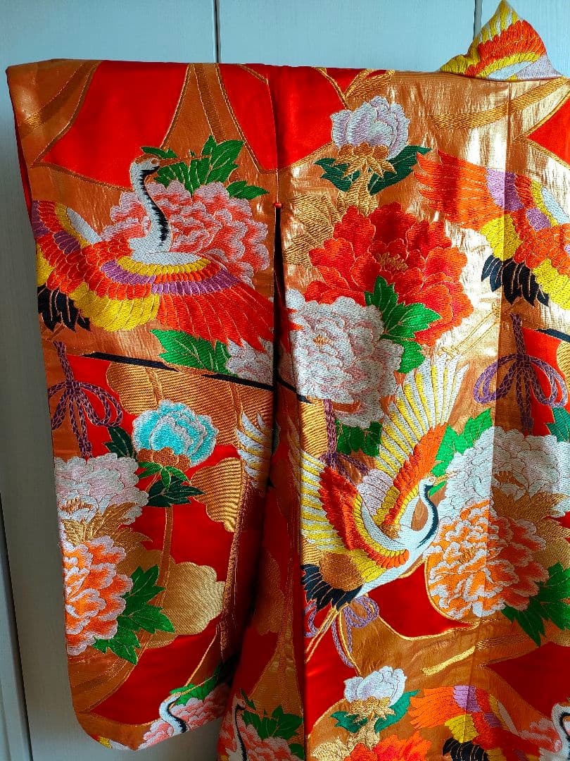 Silk Iro-Uchikake Wedding Kimono with Crane and Floral Embroidery in Red