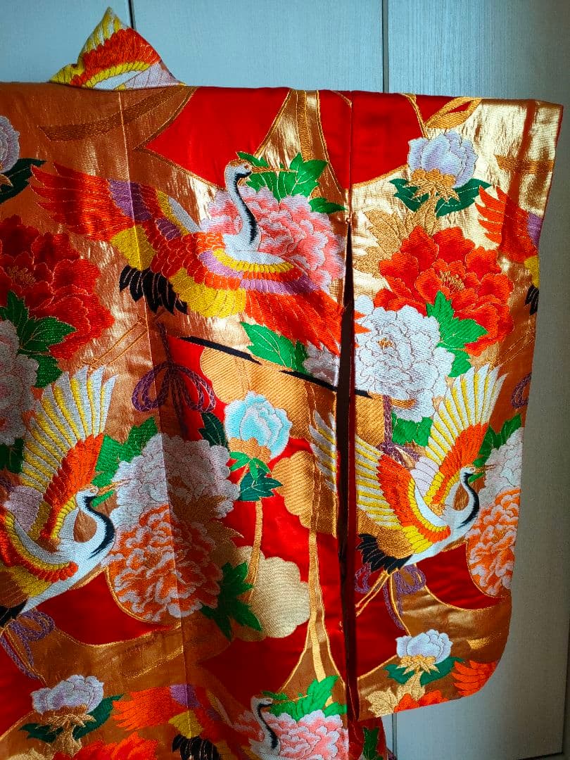 Silk Iro-Uchikake Wedding Kimono with Crane and Floral Embroidery in Red