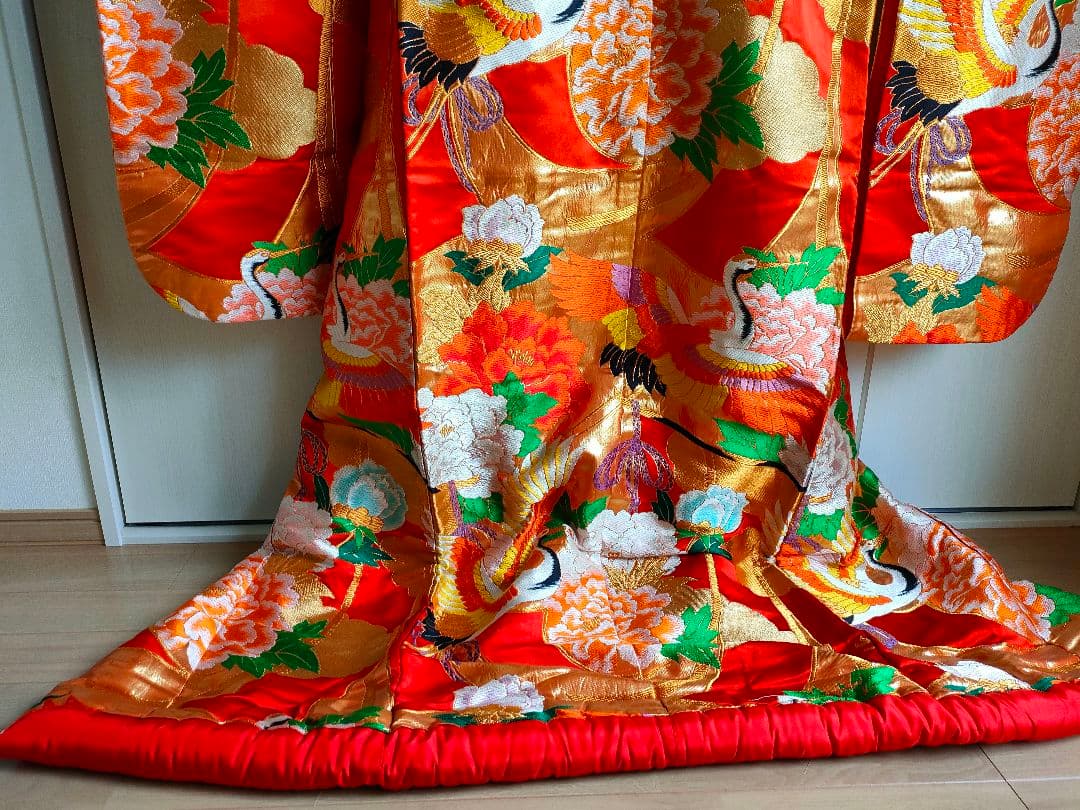 Silk Iro-Uchikake Wedding Kimono with Crane and Floral Embroidery in Red